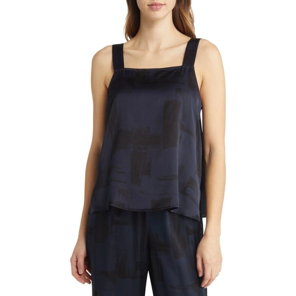 EILEEN FISHER Brushstroke Print Silk Organic Cotton Tank Womens XXS Blue Black